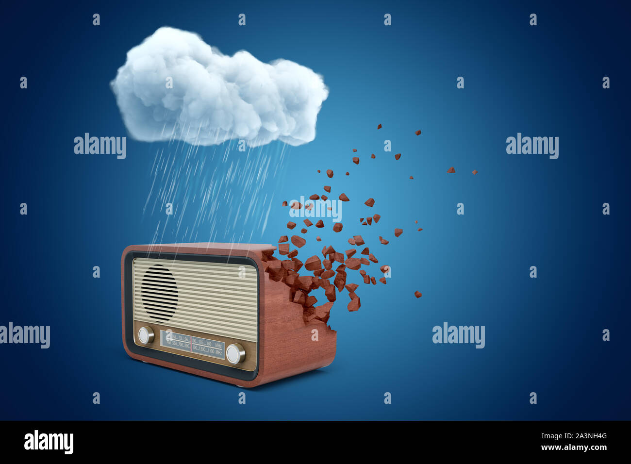 Le rendu 3d du jeu de radio marron dissolvant en morceaux d'un côté, en vertu de l'article nuage de pluie sur fond bleu. Banque D'Images