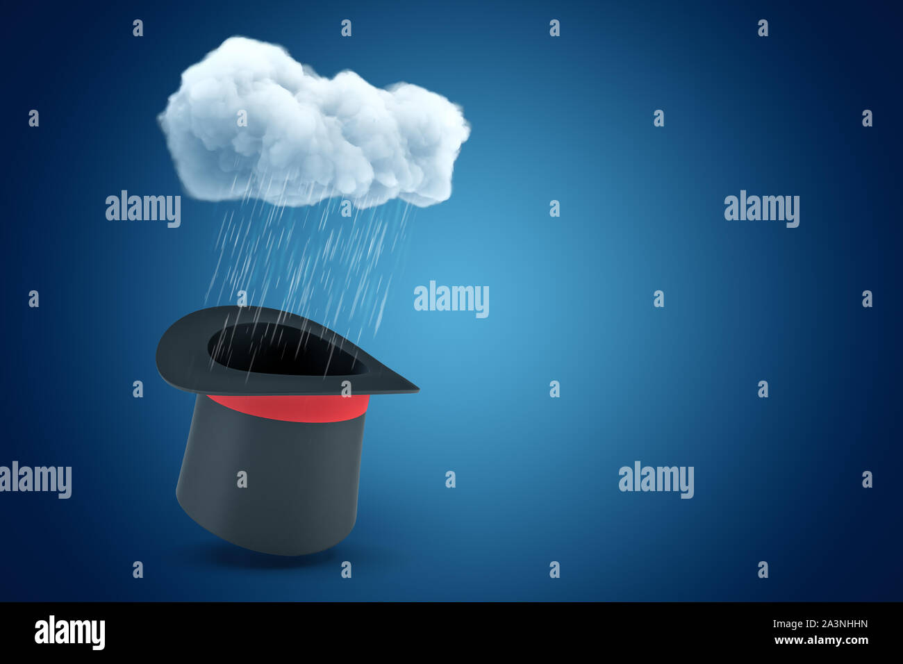 Le rendu 3D de black top hat avec ruban rouge debout la tête en bas sous les nuages de pluie sur fond copyspace bleu. Banque D'Images