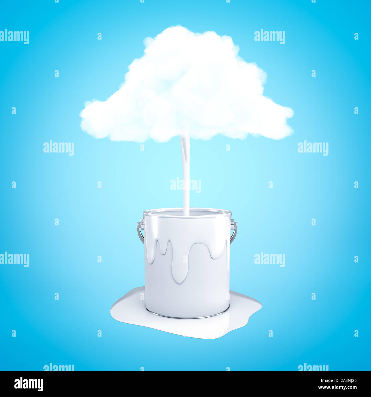 Le rendu 3D de nuage blanc avec de la peinture blanche et verser dans le godet en métal sur fond bleu Banque D'Images