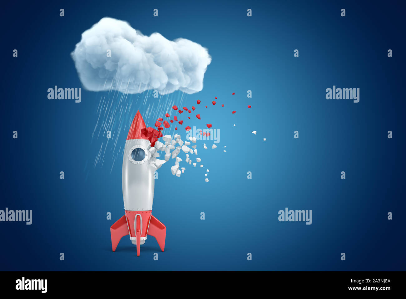 Le rendu 3D de l'article pluie de roquettes sous les nuages et de commencer à se dissoudre en pièces, sur fond bleu avec copie espace. Banque D'Images