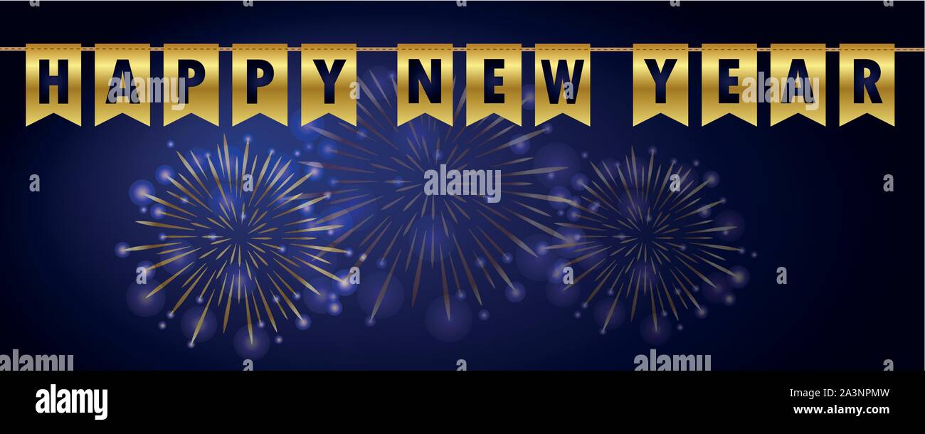 Bonne année golden party flags banner avec firework background vector illustration EPS10 Illustration de Vecteur
