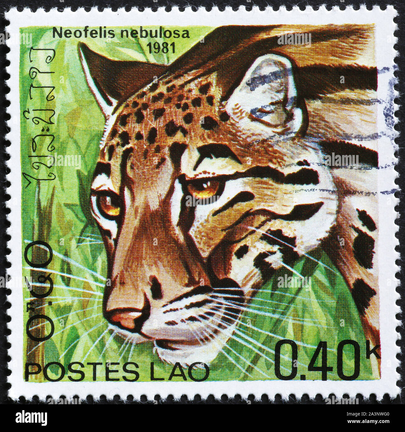 La panthère nébuleuse sur timbres-poste du Laos Banque D'Images