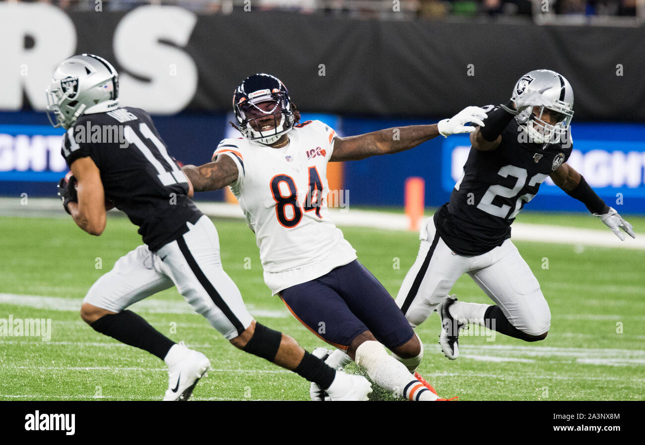 6 Oct, 2019 ; Londres, Royaume-Uni ; Oakland Raiders vs les ours de Chicago à Tottenham Hotpsur Stadium. Oakland Raiders Wide Receiver Trevor Davis (11) ours de Chicago Receveur Cordarrelle Patterson (84) Oakland Raiders Keisean évoluait Nixon (22) Banque D'Images