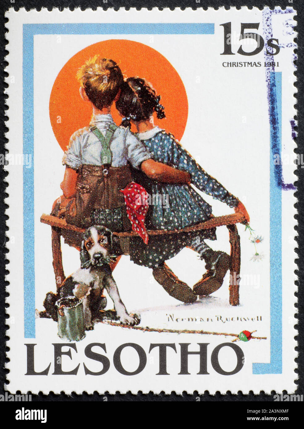 Deux enfants dans l'amour de l'illustration par Rockwell, timbre-poste Banque D'Images