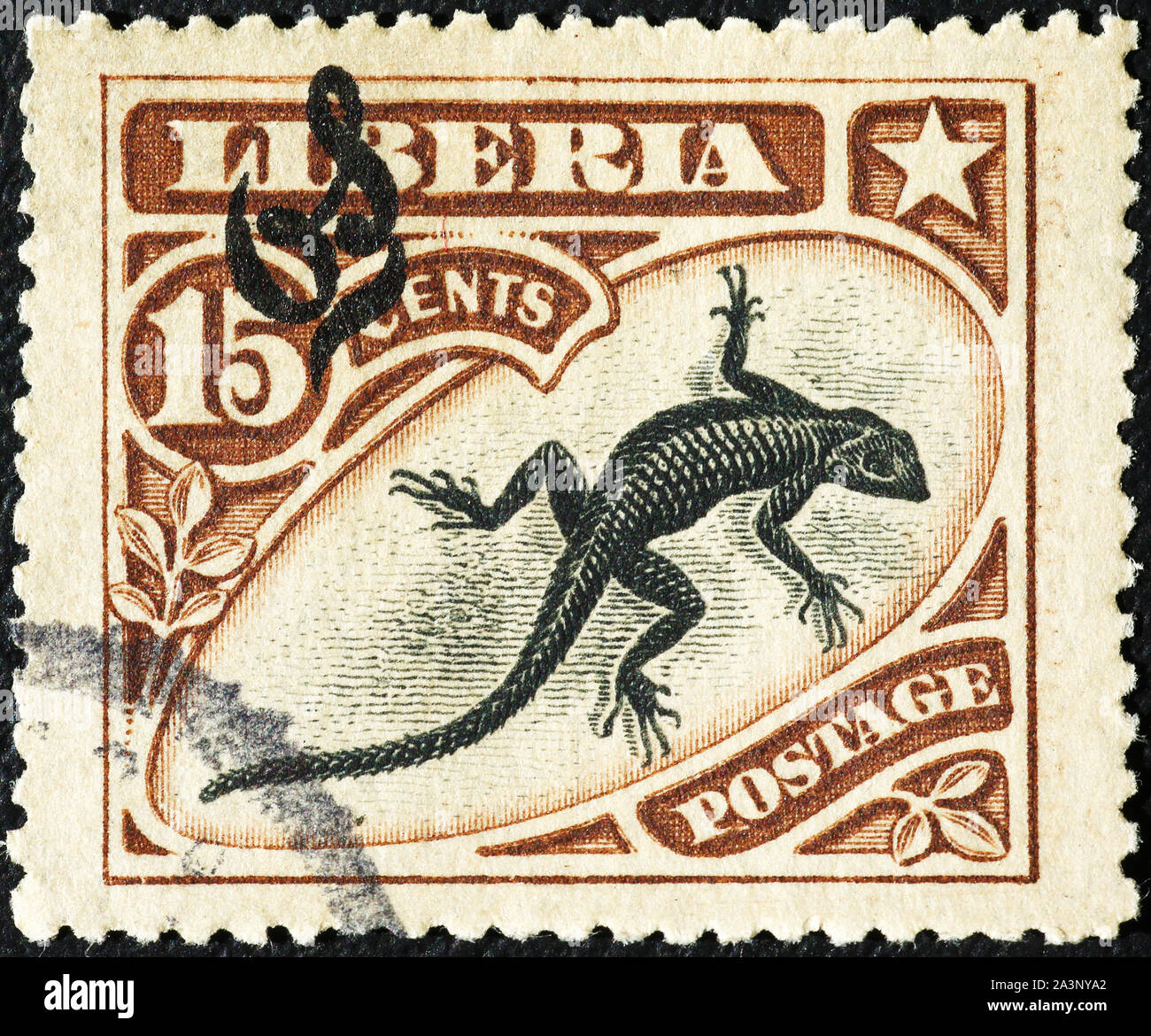 Lizard on beau vieux timbre du Libéria Banque D'Images