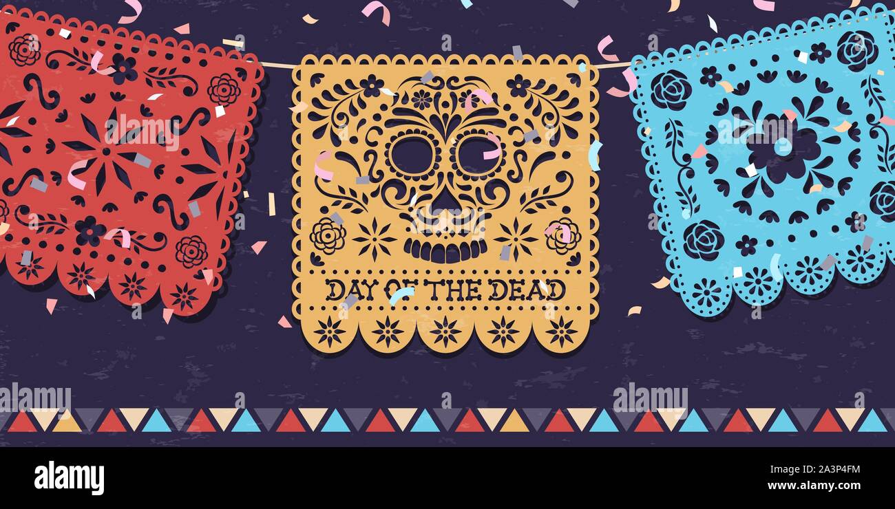 Le Jour des morts carte de souhaits pour la fête mexicaine, le Mexique traditionnel papercut banner décoration avec crânes colorés et partie de confettis. Illustration de Vecteur