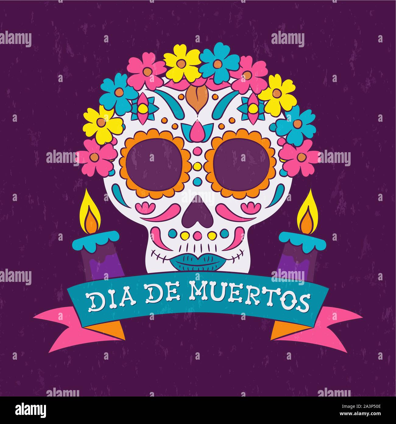 Le Jour des morts crâne en sucre carte de souhaits pour la fête mexicaine, le Mexique traditionnel décoration squelette avec des bougies et des fleurs. Illustration de Vecteur