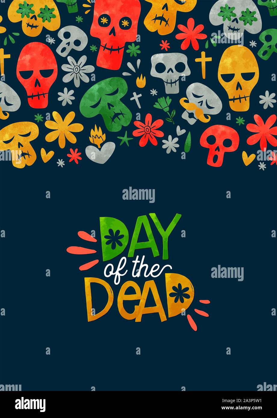 Le Jour des morts l'illustration pour la carte de vœux de l'événement vacances traditionnel mexicain. Funny crâne en sucre et aquarelle décoration florale au Mexique coopération drapeau Illustration de Vecteur