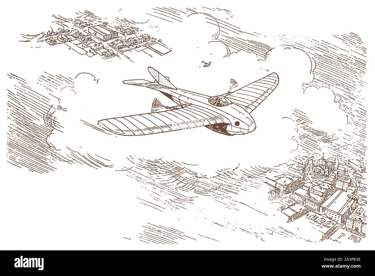 Étude futuristes du début du xxe siècle d'un monoplan avion volant au-dessus d'une ville à haute altitude Illustration de Vecteur