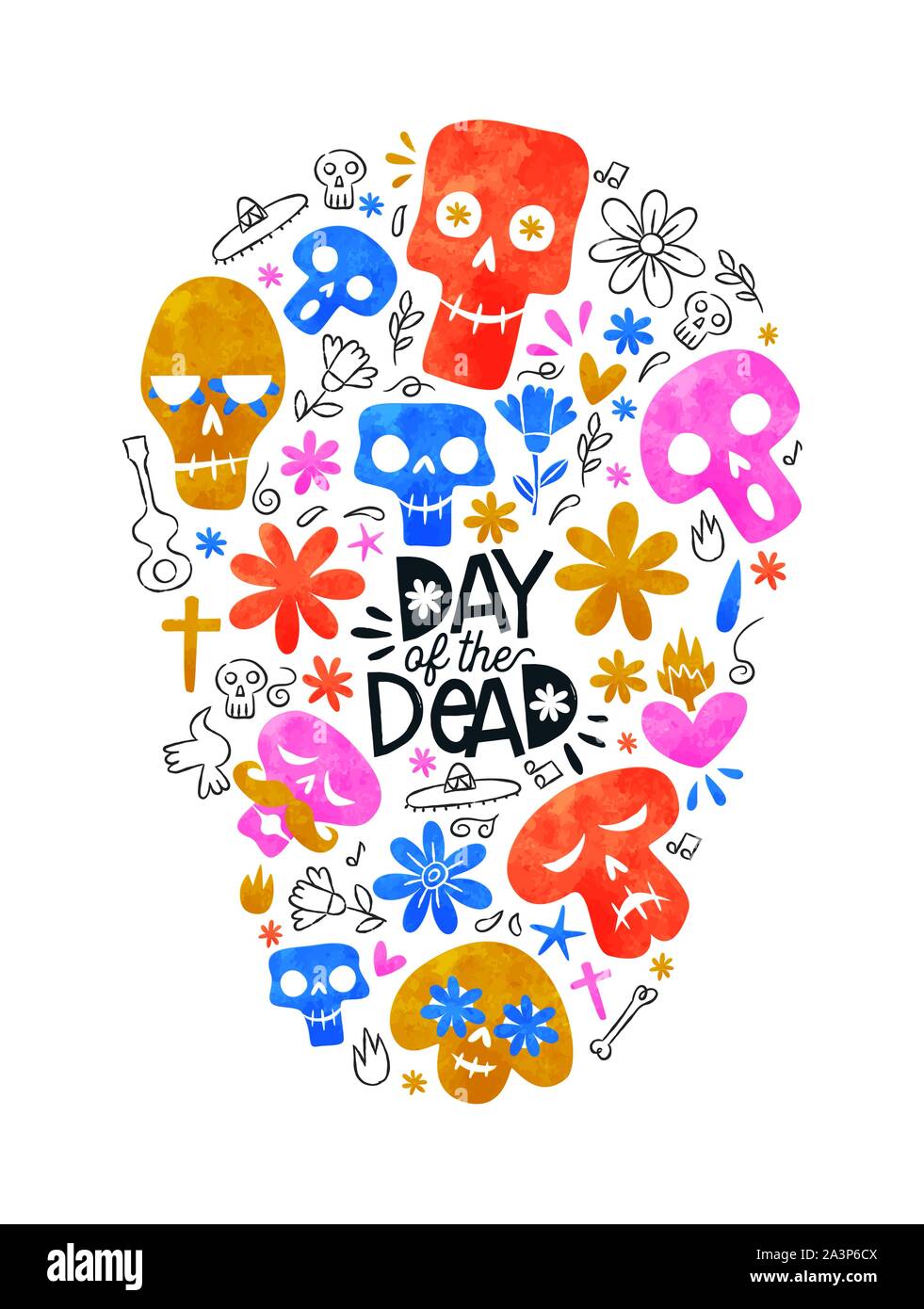 Le Jour des morts Mexican holiday Greeting card, aquarelle de couleur des icônes de la décoration en forme de crâne de sucre multicolore traditionnel mexique événement. Illustration de Vecteur