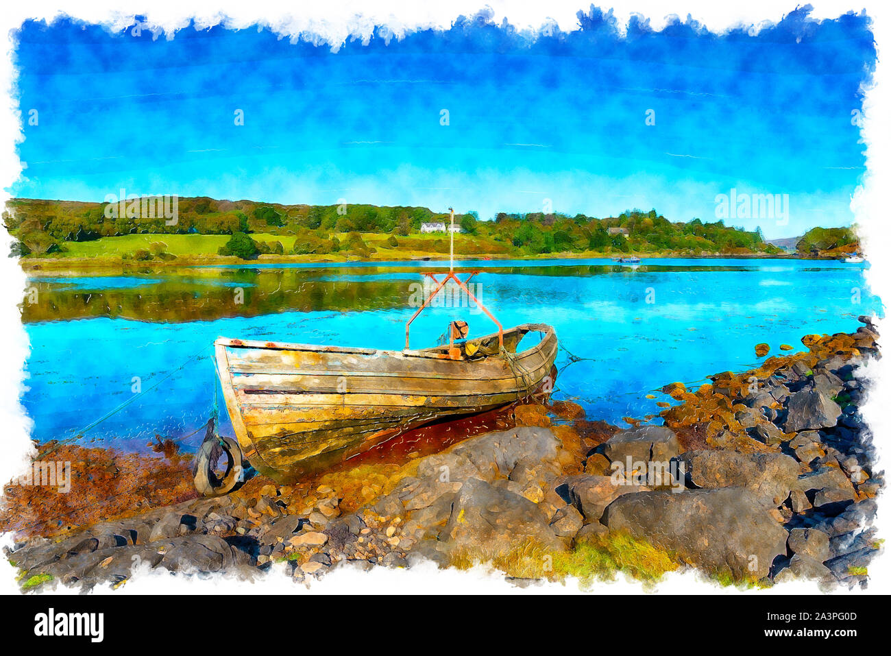 L'aquarelle d'un vieux bateau sur la berge à près de Gairloch Badachro dans les Highlands écossais Banque D'Images