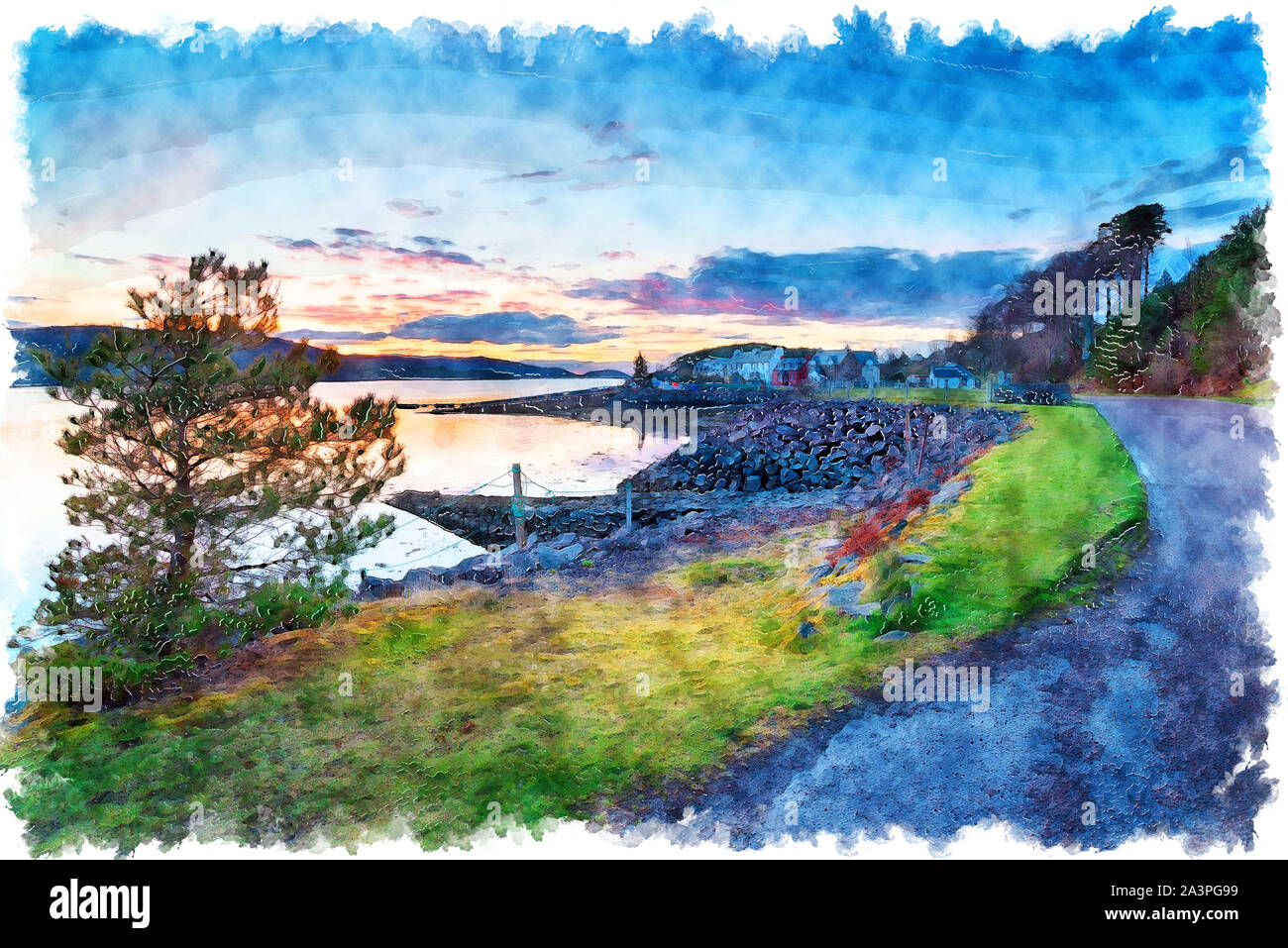 L'aquarelle du crépuscule sur le port à Shieldaig un joli village dans les montagnes de l'Ecosse et d'une escale sur le NC500 voie de circulation Banque D'Images
