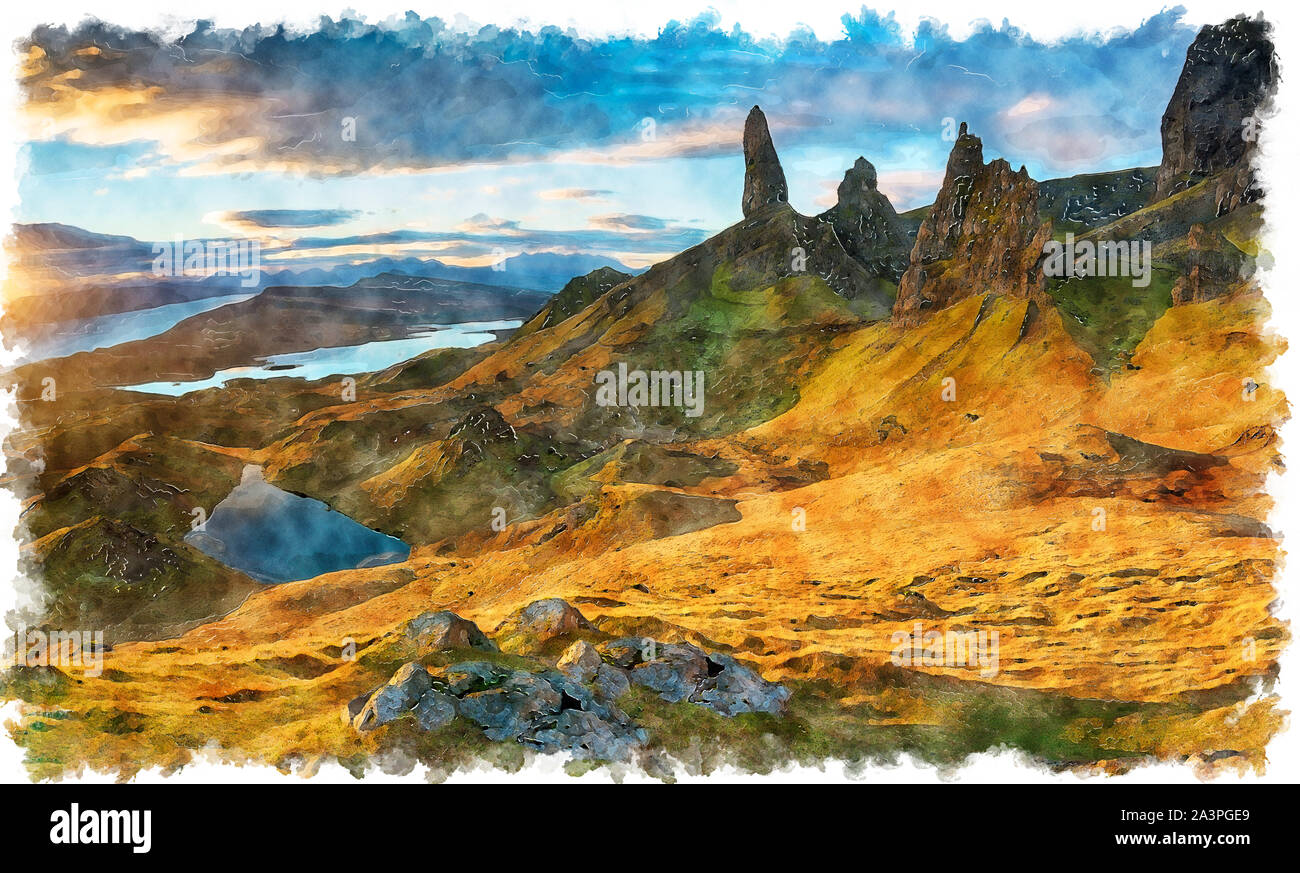L'aquarelle du lever du soleil sur le vieil homme de Storr pinnacles rock sur l'île de Skye en Ecosse Banque D'Images