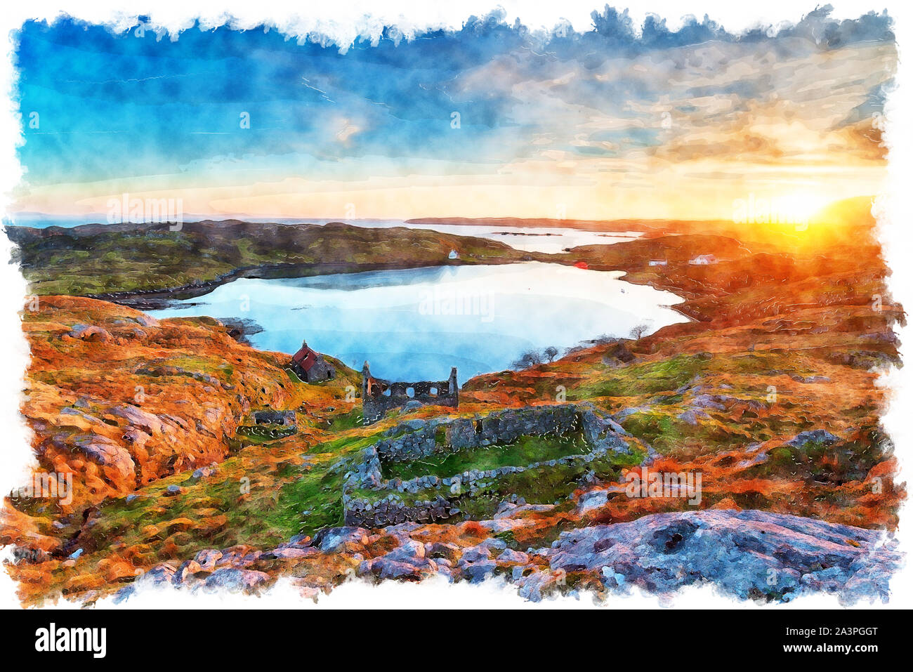 L'aquarelle d'un magnifique coucher de soleil sur ruines à manish sur l'île de Harris dans les Hébrides extérieures d'Écosse Banque D'Images