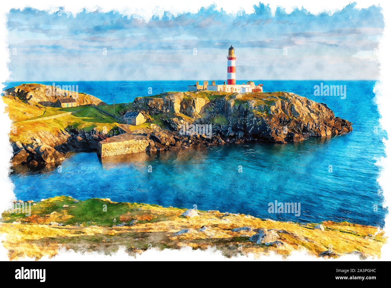 Une aquarelle d'Eilean Glas phare sur l'île de Scalpay, une petite île reliée par un pont à l'île de Harris dans la partie extérieure hebri Banque D'Images