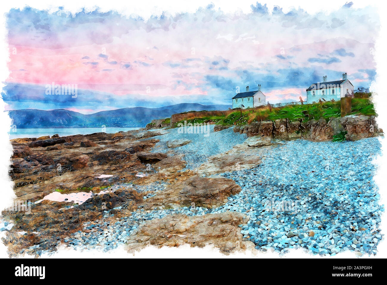 Peinture de crépuscule sur cottages at Penmon Point sur la côte d'Anglesey dans le Nord du Pays de Galles Banque D'Images