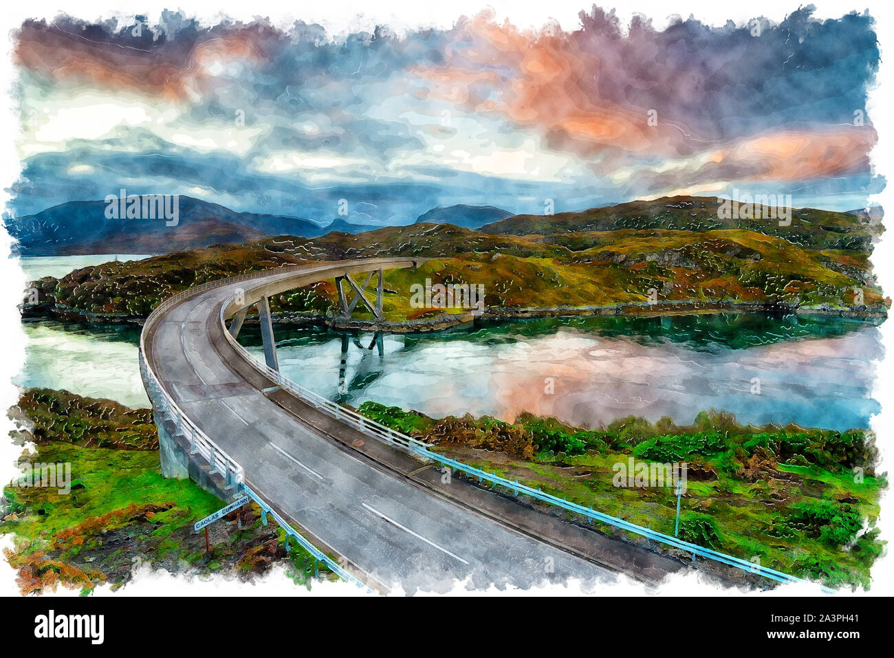 L'aquarelle de l'aube sur Kylesku pont dans les Highlands d'Ecosse et sur la côte nord de l'itinéraire en voiture panoramique 500 Banque D'Images
