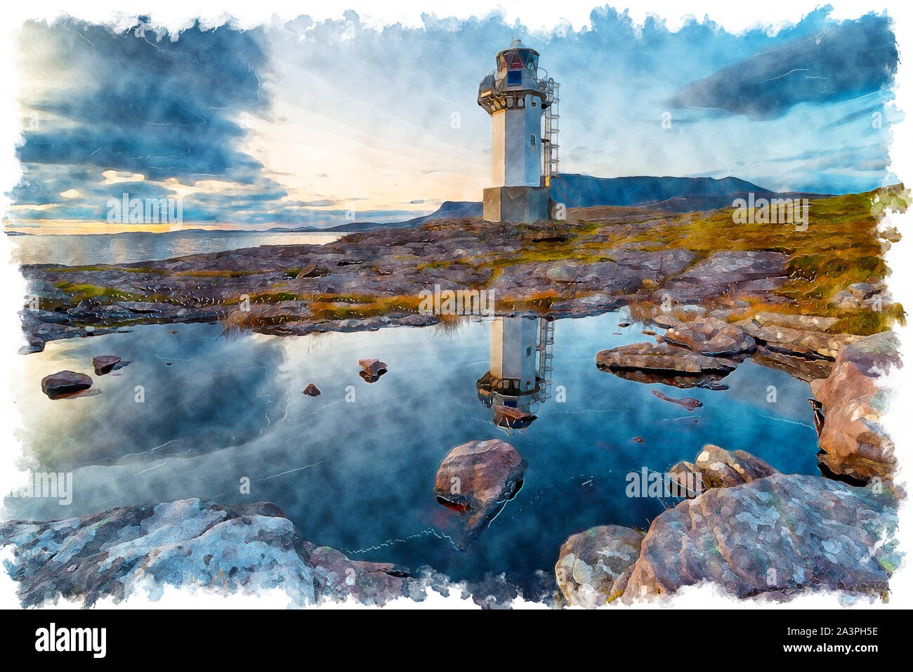 Peinture de crépuscule à la Rhue phare près de Ullapool dans les Highlands d'Ecosse Banque D'Images