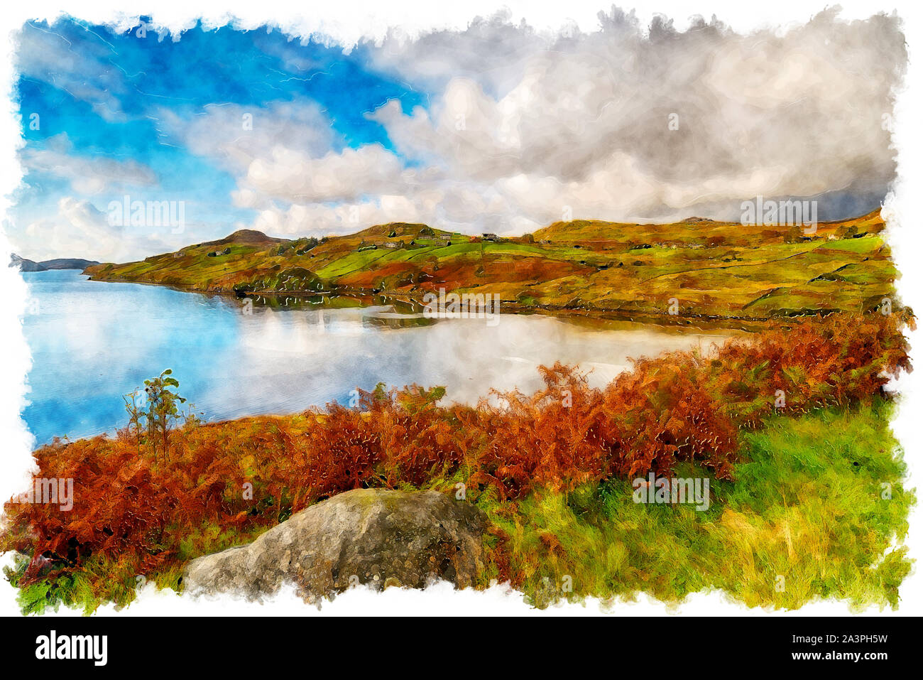 L'aquarelle qui donne sur le Loch inchard enveloppé dans Autmun couleur à kinlochbervie dans les highlands d'Ecosse Banque D'Images