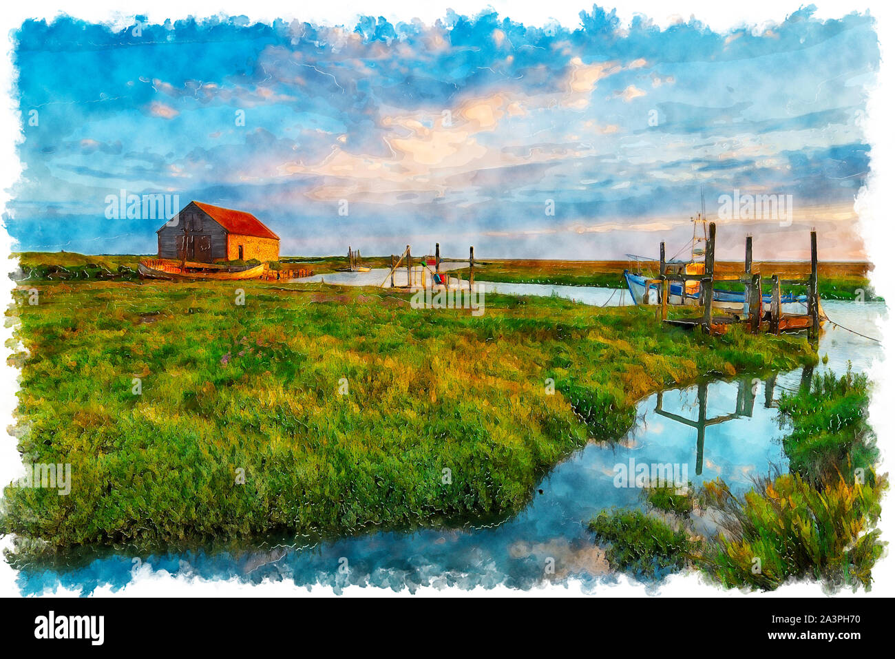 L'aquarelle du pittoresque vieux port et les marais salés à Thornham sur la côte nord de Norfolk Banque D'Images L'aquarelle du pittoresque vieux port et les marais salés à Thornham sur la côte nord de Norfolk Banque D'Images