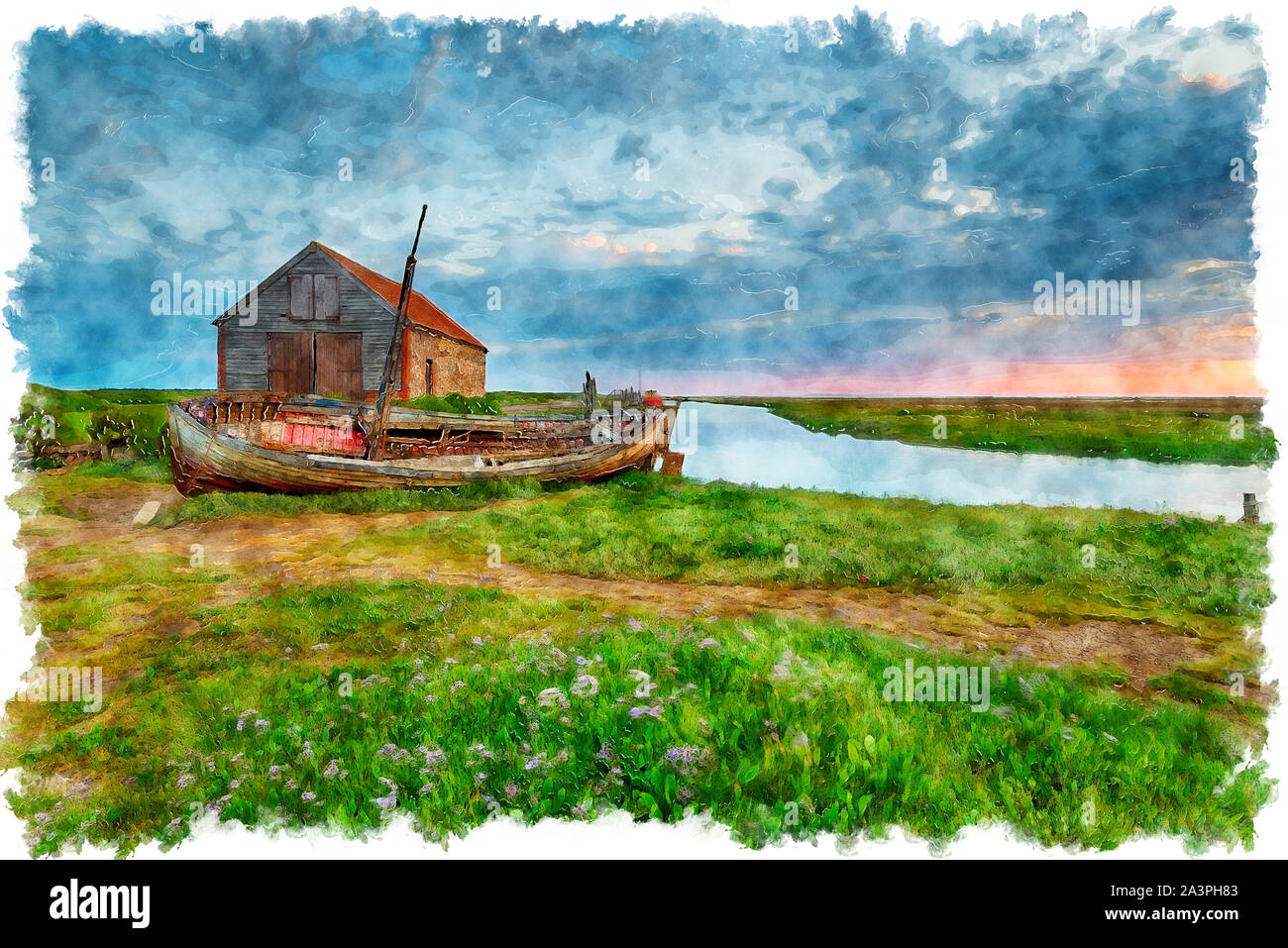 L'aquarelle d'un lever de soleil sur l'été une vieille grange de charbon et de bateau de pêche au Thornham sur la côte nord du Norfolk Banque D'Images