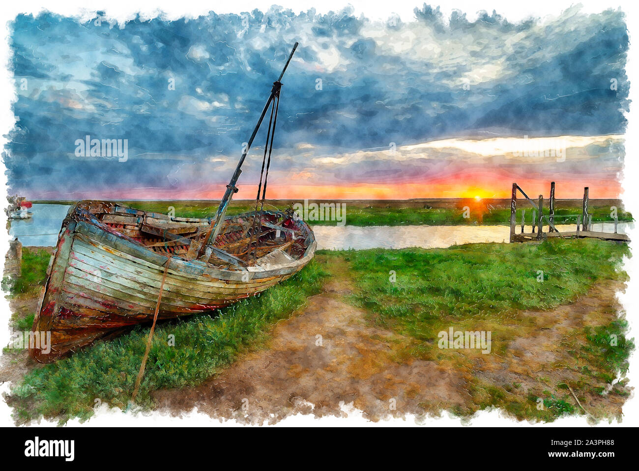 L'aquarelle d'un lever de soleil sur un vieux bateau de pêche sur la berge à Thornham sur la côte nord de Norfolk Banque D'Images