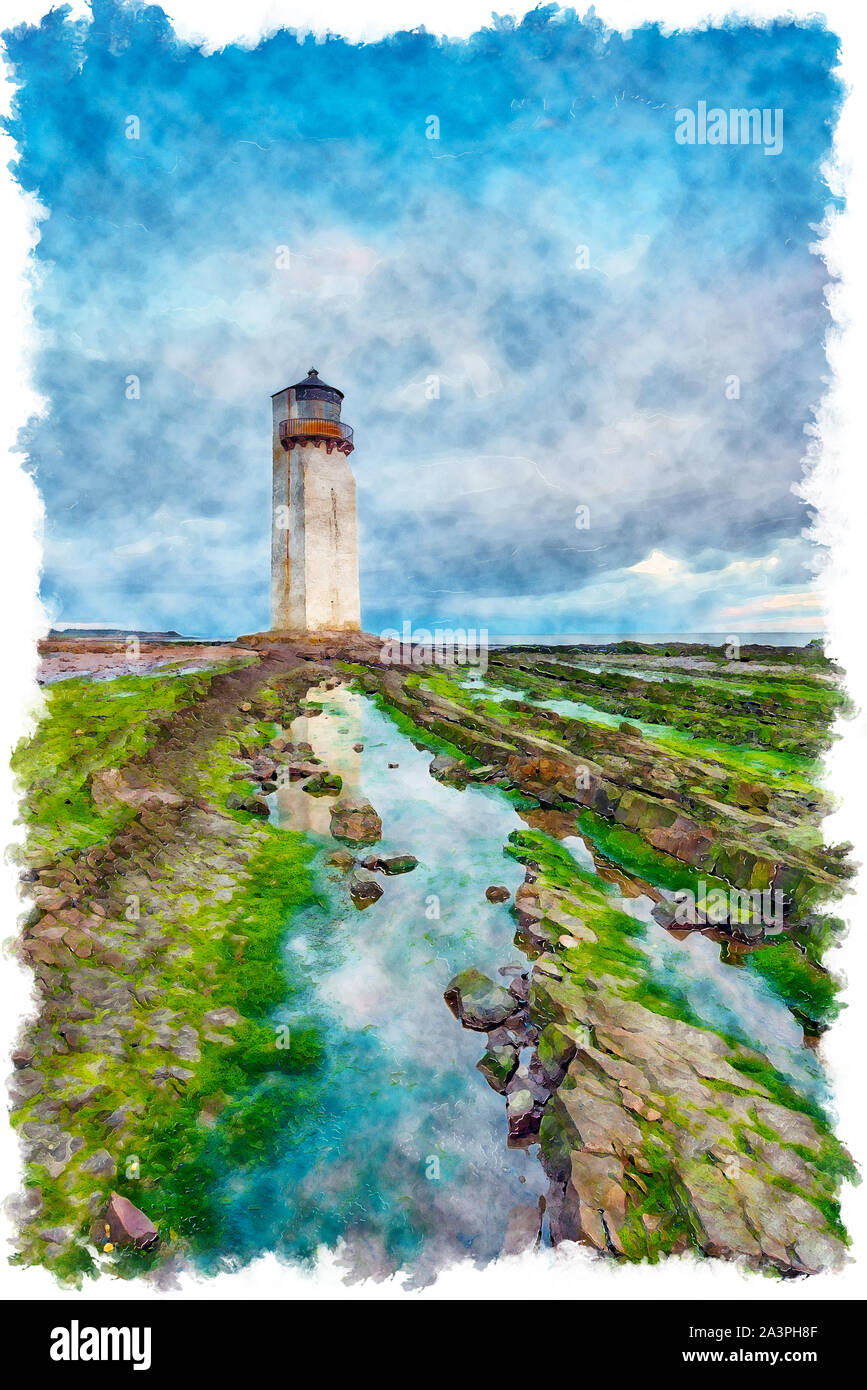 L'aquarelle d'un ciel dramatique sur le phare à Southerness sur la côte Galloway Banque D'Images