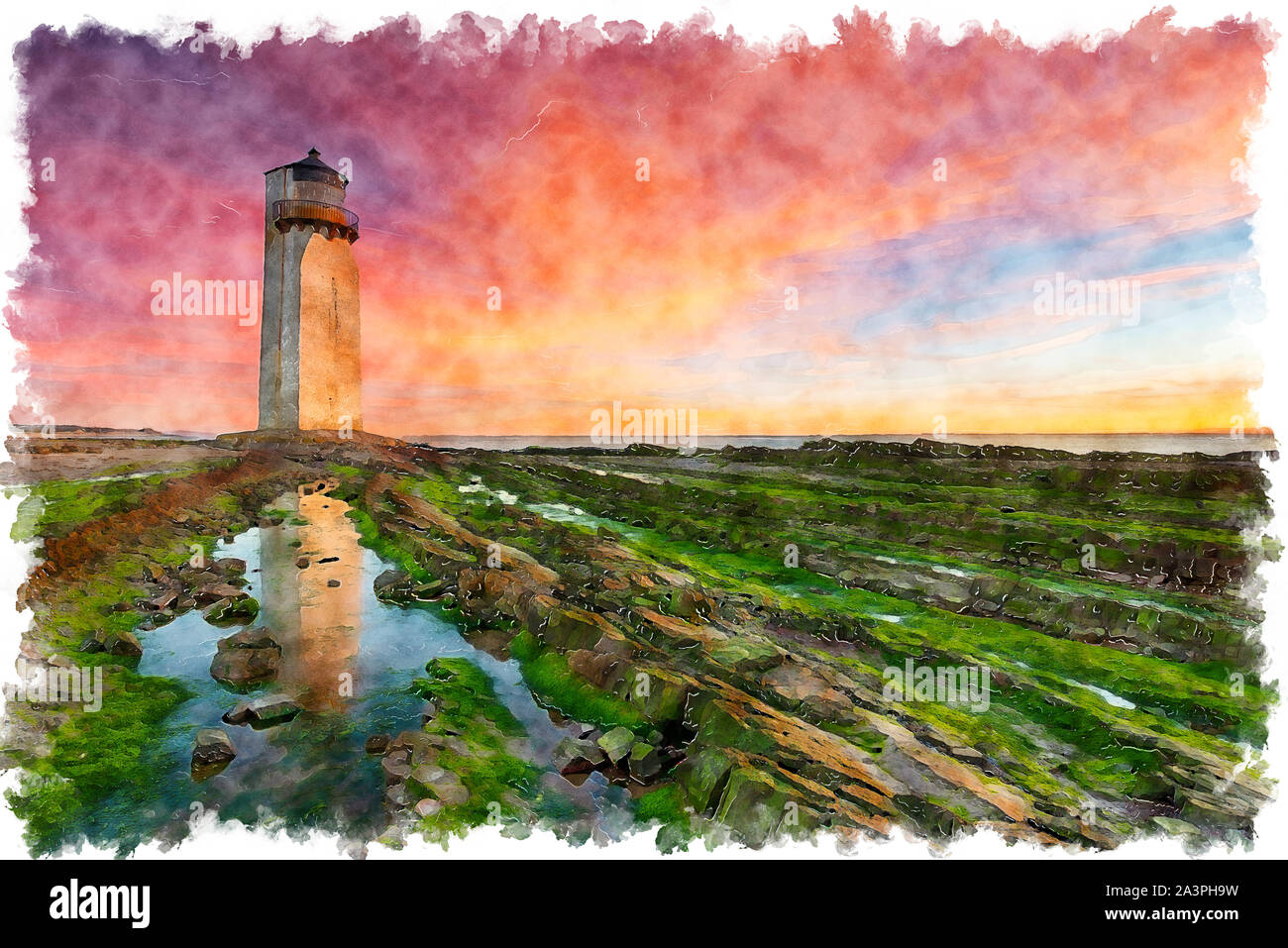 L'aquarelle d'un superbe lever de soleil sur l'Southerness phare sur la côte d'Écosse Galloway Banque D'Images
