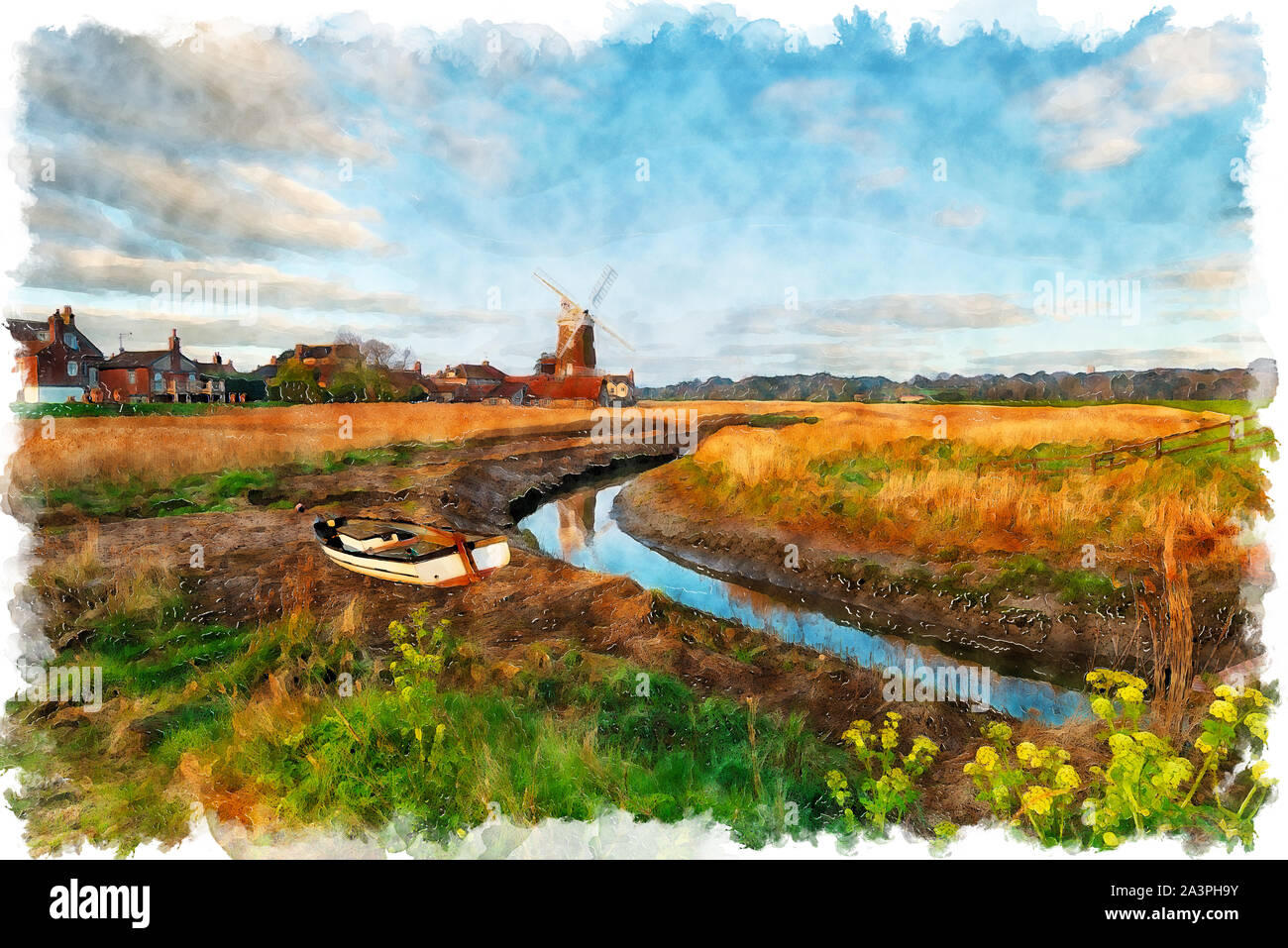 L'aquarelle du moulin au Claj suivant la mer, un joli village sur la rivière Glaven sur la côte nord de Norfolk Banque D'Images L'aquarelle du moulin au Claj suivant la mer, un joli village sur la rivière Glaven sur la côte nord de Norfolk Banque D'Images