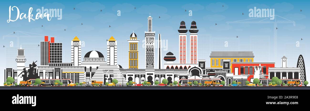 Dakar Sénégal Ville avec des bâtiments de couleur et de ciel bleu. Vector Illustration. Les voyages d'affaires et le concept avec l'architecture historique. Illustration de Vecteur
