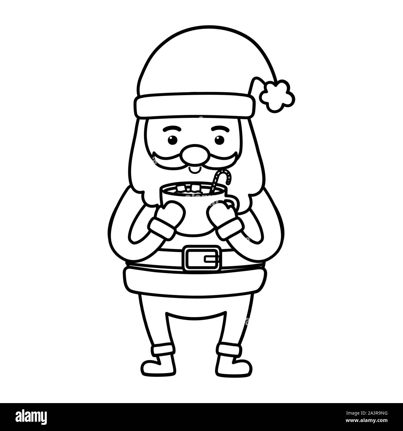 Santa avec tasse de chocolat guimauve avec canne de Noël joyeux noël vector illustration style de ligne Illustration de Vecteur