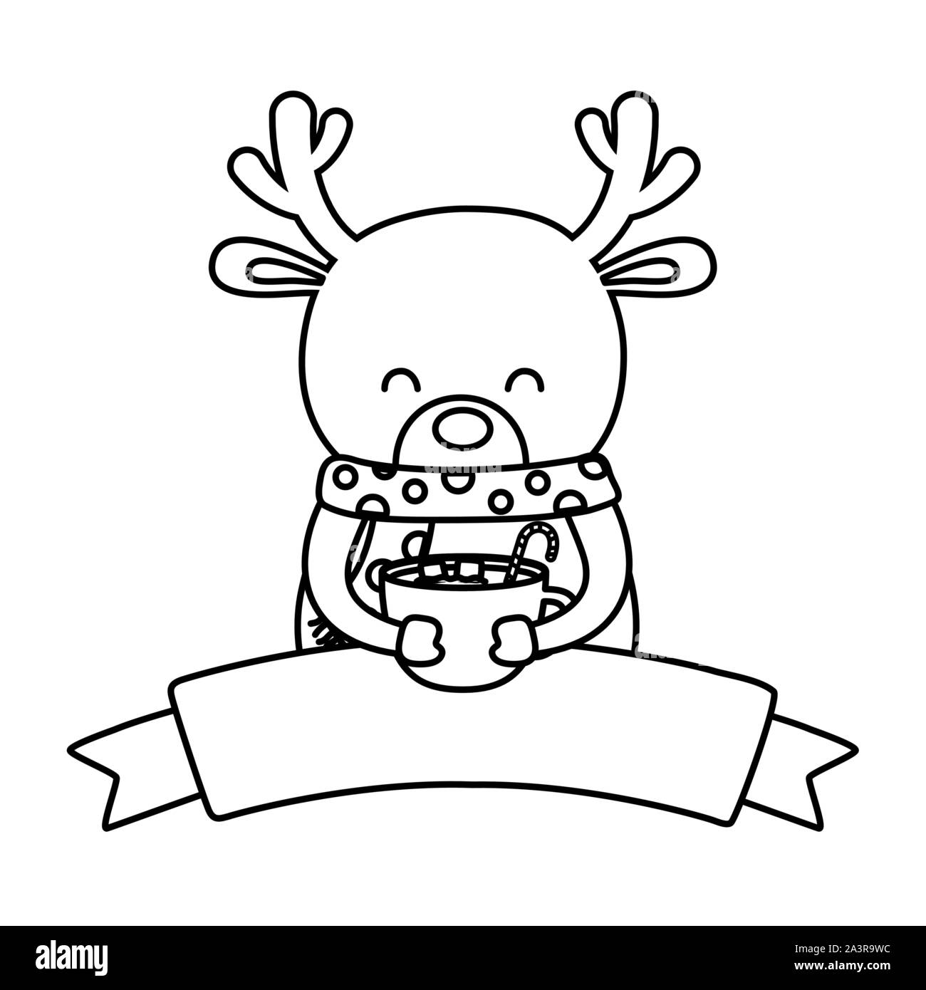 Le renne avec écharpe holding cup chocolat joyeux noël décoration de style de ligne emblème vector illustration Illustration de Vecteur