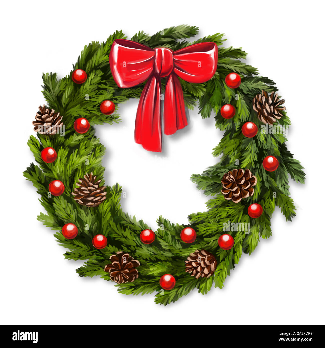 Couronne de Noël, noël ornement décoratif, l'art illustration peinte avec aquarelles isolé sur fond blanc. Banque D'Images