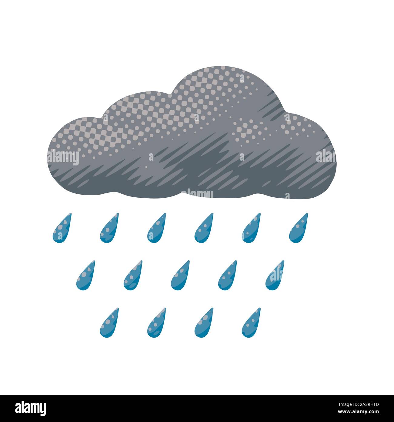 Vector illustration isolé de nuage gris orage pluvieux au cours. Météo Cartoon affiche de gouttes tomber de ciel couvert avec modèle climatique Illustration de Vecteur
