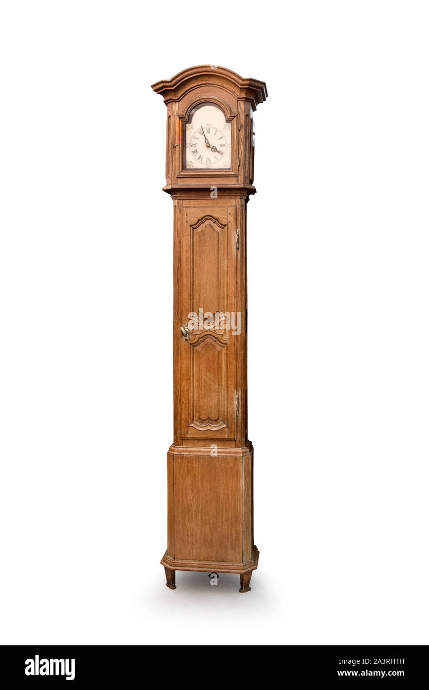 Tambour Antique horloge grand-père tête isolé sur un fond blanc. Banque D'Images