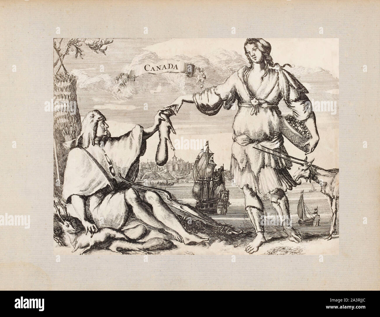 Gravure d'e 17e siècle illustre de façon allégorique le territoire et le peuple du Nouveau Monde. Canada Banque D'Images