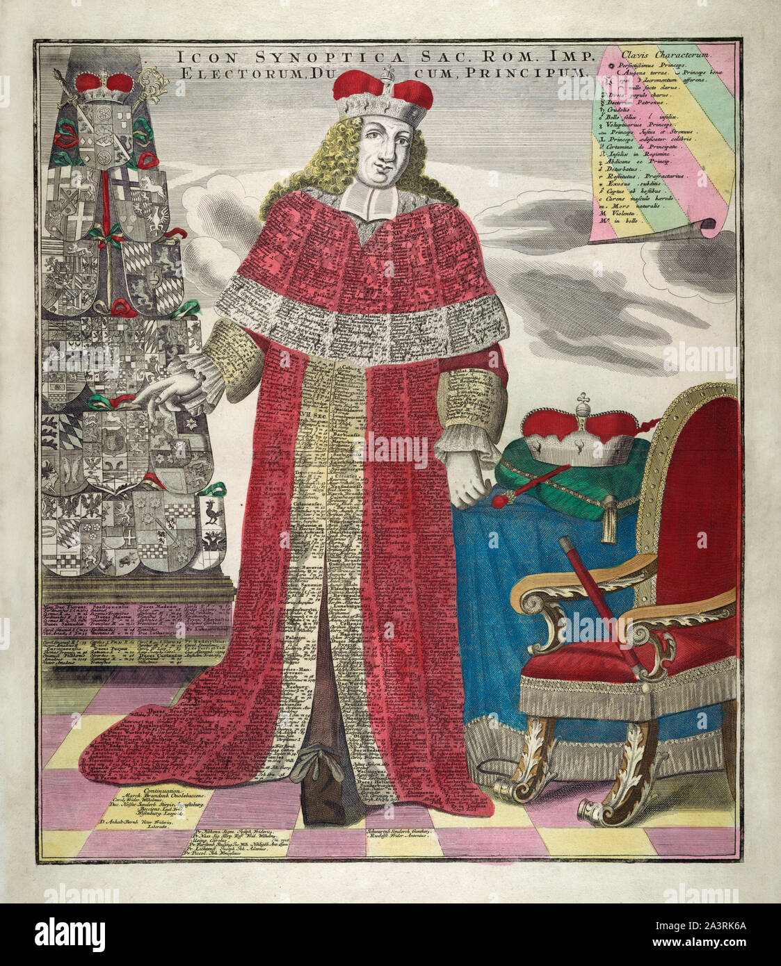 Synoptique du Saint Empire Romain. La gravure illustre la figure symbolique d'un électeur en plein robes, couverts d'inscriptions de tous les souverains de la Sainte Banque D'Images