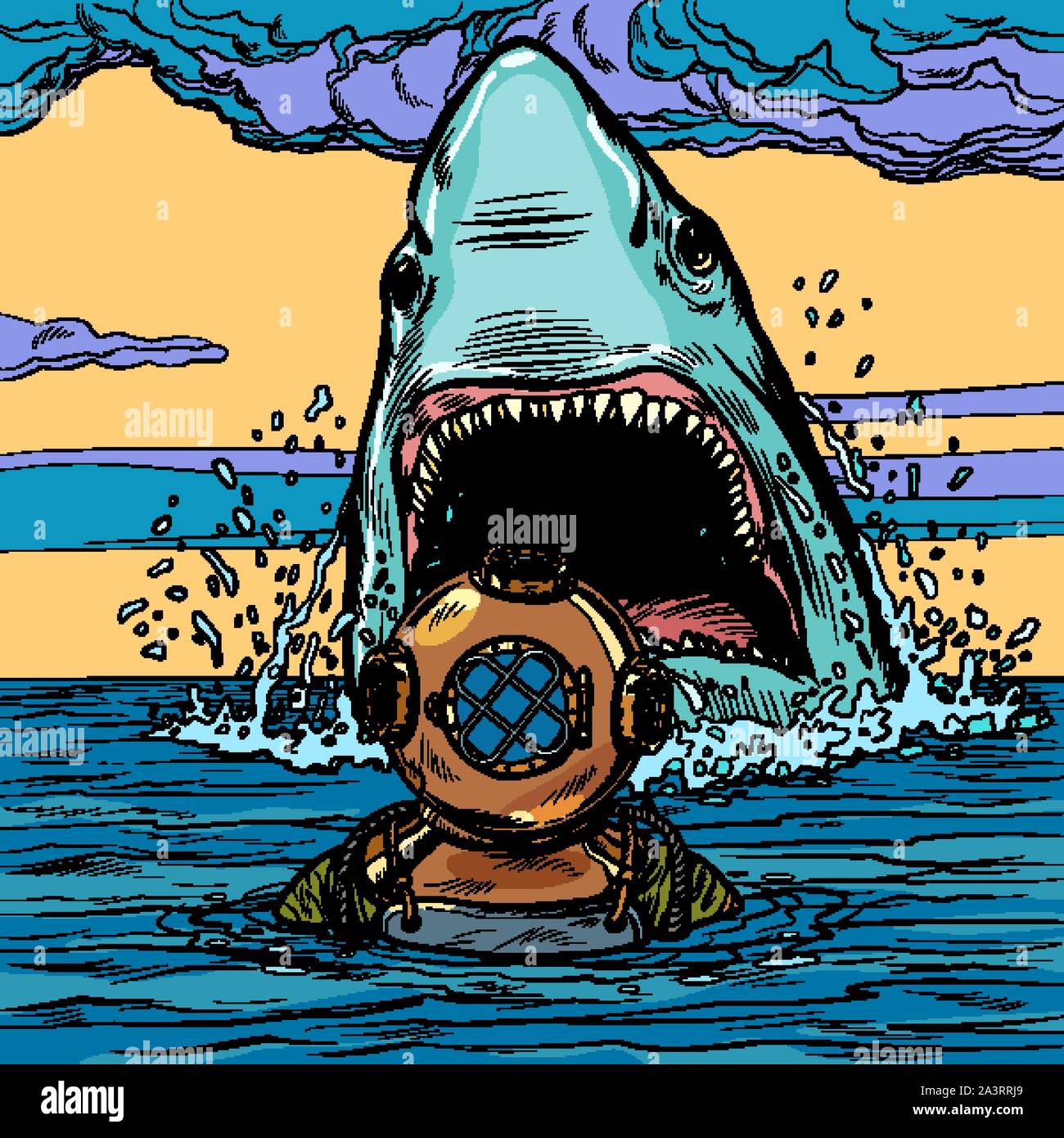 Attaque de requin sur le plongeur. Pop art dessin illustration vectorielle Illustration de Vecteur