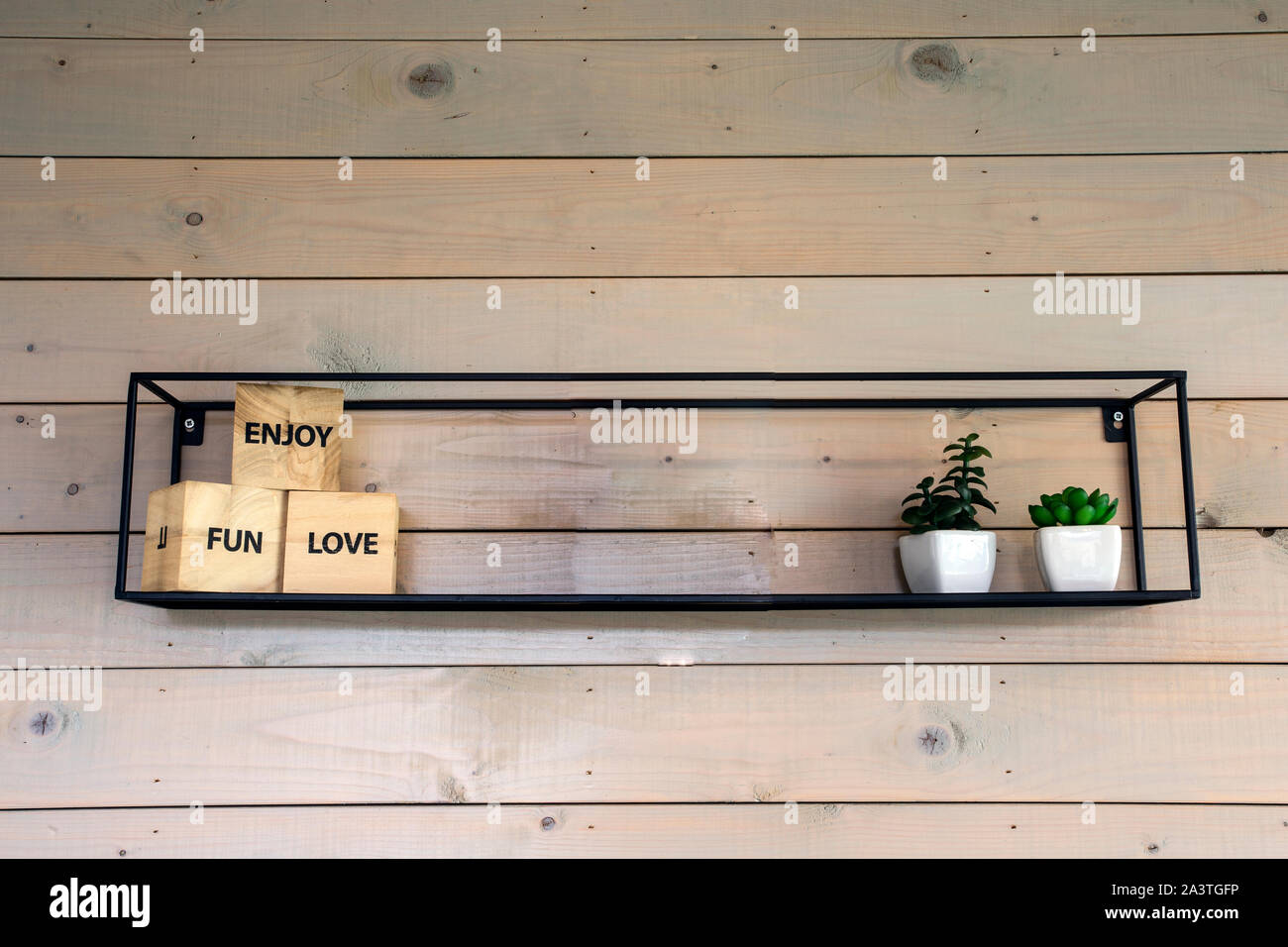 Rack minimaliste sur mur en bois avec décoration de maison moderne, peu de plantes vertes closeup Banque D'Images