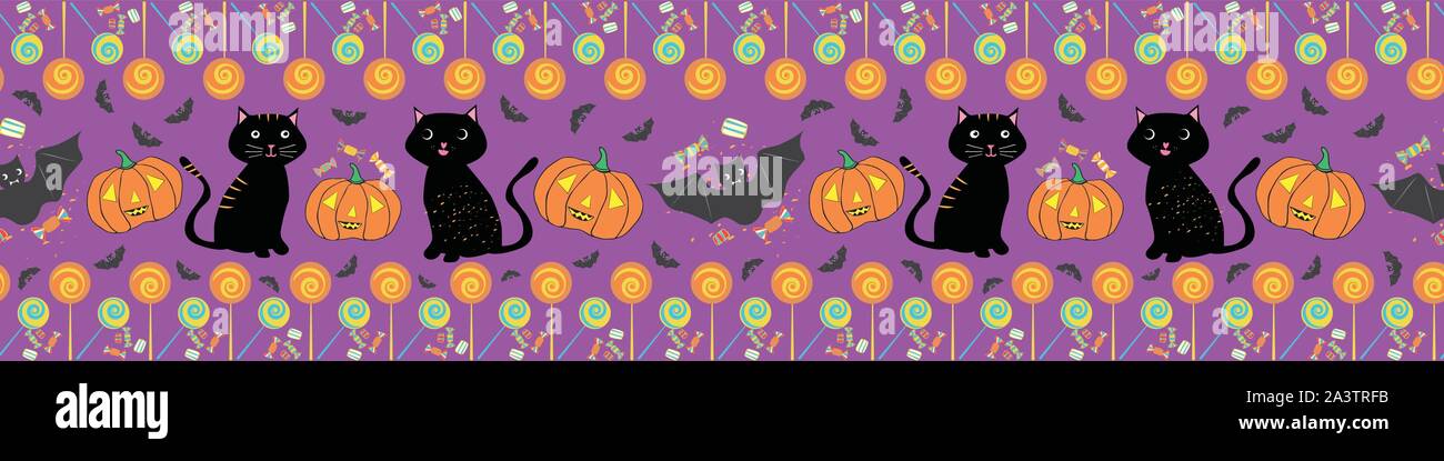 Fun Halloween multicolore dessinés à la main, frontière avec les chats, les chauves-souris, les citrouilles et les sucettes. Modèle vectoriel continu sur fond violet. Super pour bannières Illustration de Vecteur