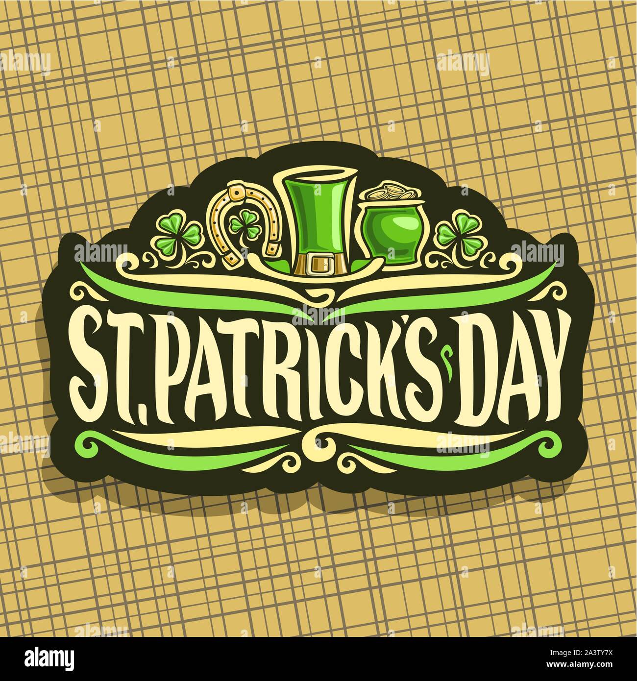 Logo Vector pour Saint Patricks Day vintage, couper le papier signer avec feuilles shamrock, étiquette avec titre st. Patrick's day, symbole de la chance, le golden horseshoe Illustration de Vecteur