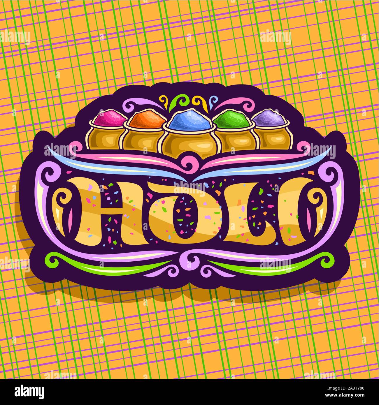Logo vector for Indian Holi Festival, couper le papier coloré signe pour vacances joyeux holi en Inde, fête hindoue de couleurs, pinceau décoratif d'origine f Illustration de Vecteur