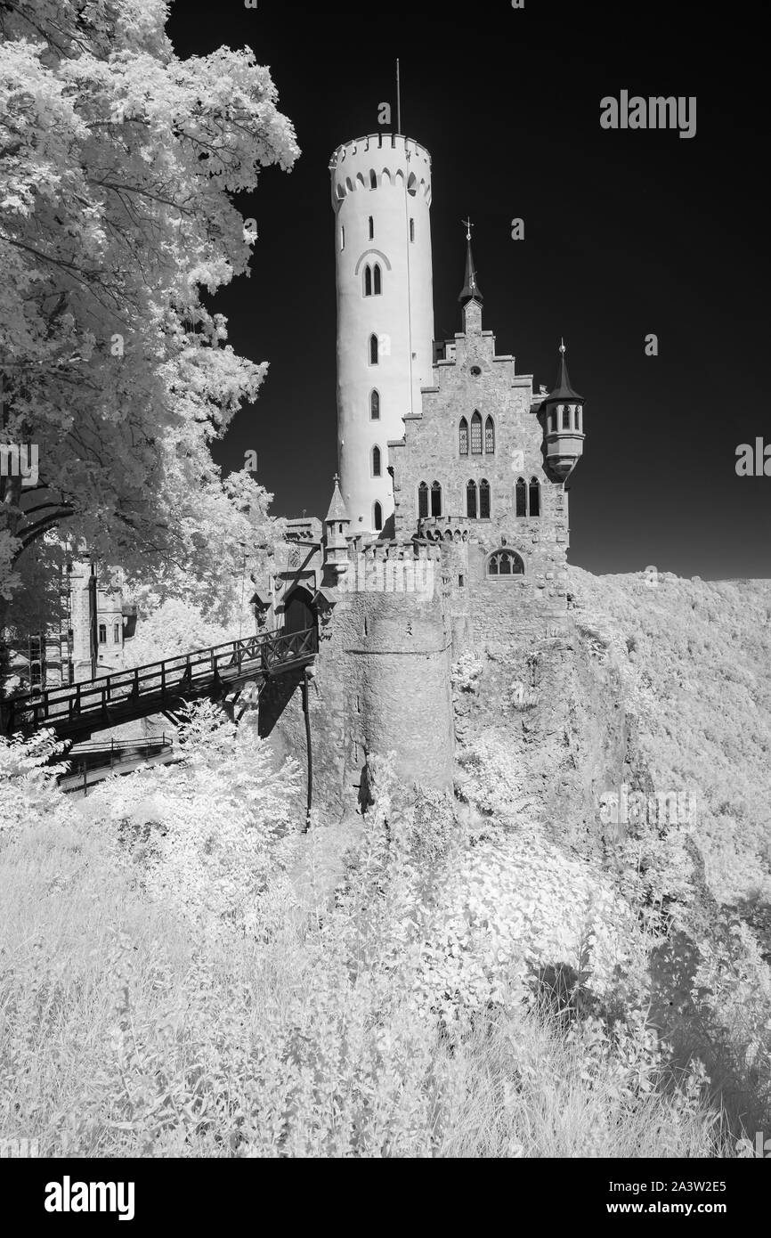 Château avec tour dans l'infrarouge noir et blanc Banque D'Images