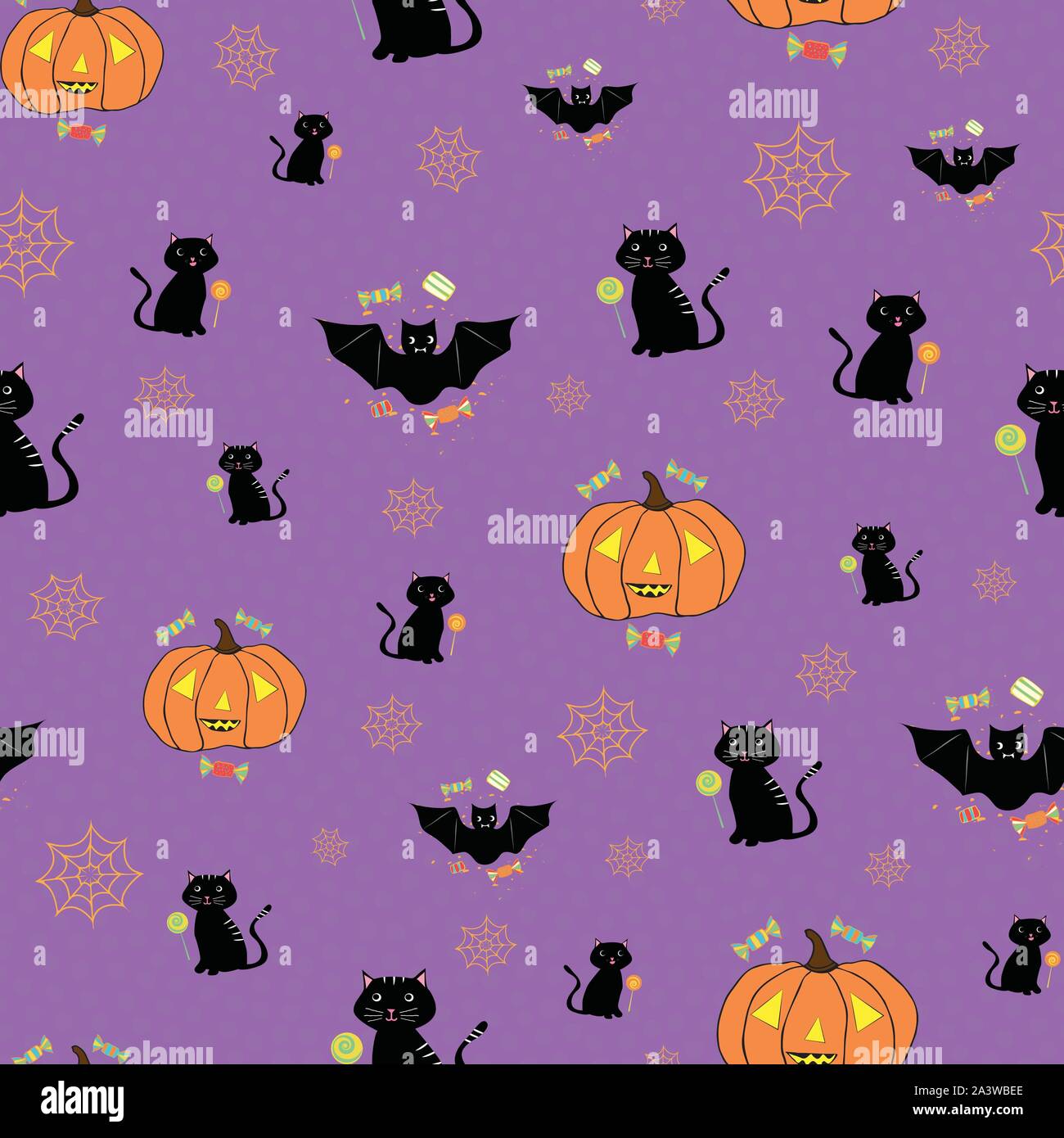 Dessiné à la main design funky Halloween avec les chats, les chauves-souris, les citrouilles et les araignées. Modèle vectoriel continu sur fond violet avec une subtile texture confetti Illustration de Vecteur