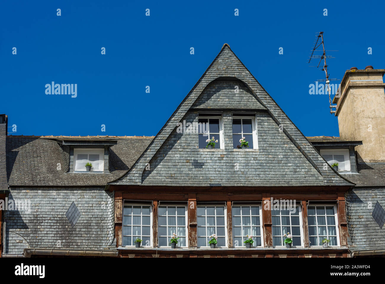 Détail des maisons à colombages sur Champ-Jacquet, dans la vieille ville de Rennes - Bretagne, France Banque D'Images