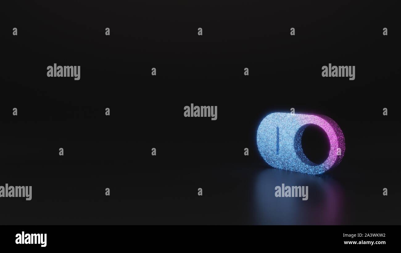 Neon glitter rose violet ombre symbole de bouton de l'interrupteur sur le rendu 3D sur fond noir avec réflexion floue avec sparkles Banque D'Images