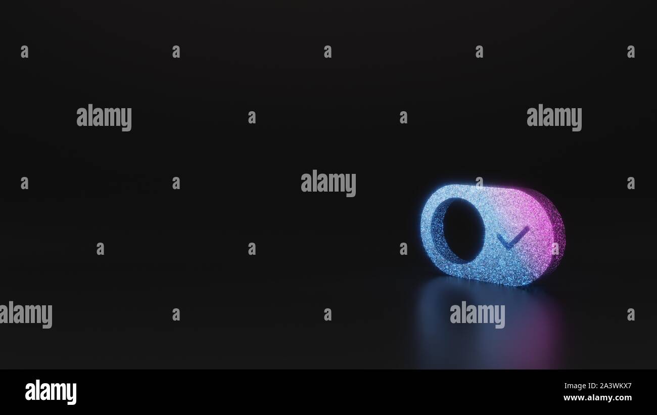 Neon glitter rose violet ombre symbole de bouton interrupteur avec coche le rendu 3D sur fond noir avec réflexion floue avec sparkles Banque D'Images