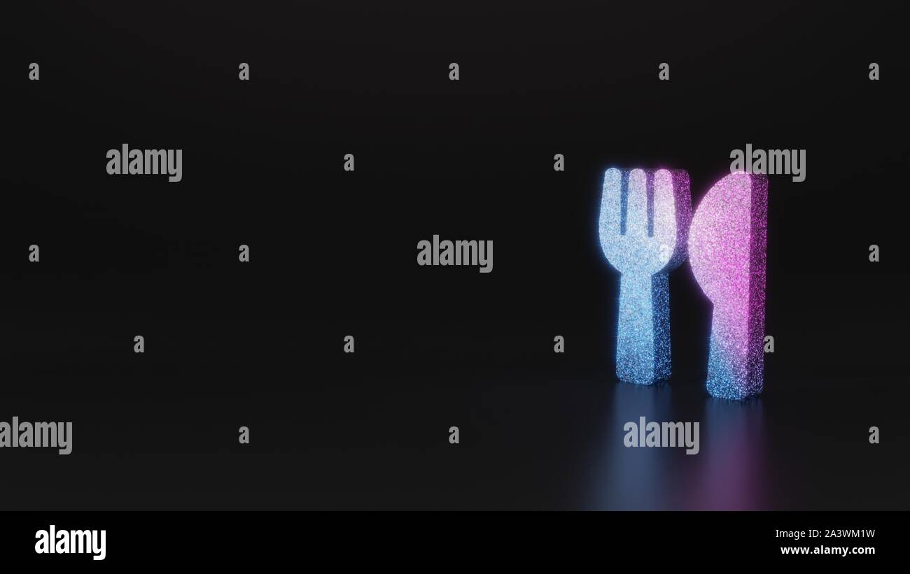 Neon glitter rose violet ombre symbole de fourchette et couteau le rendu 3D sur fond noir avec réflexion floue avec sparkles Banque D'Images