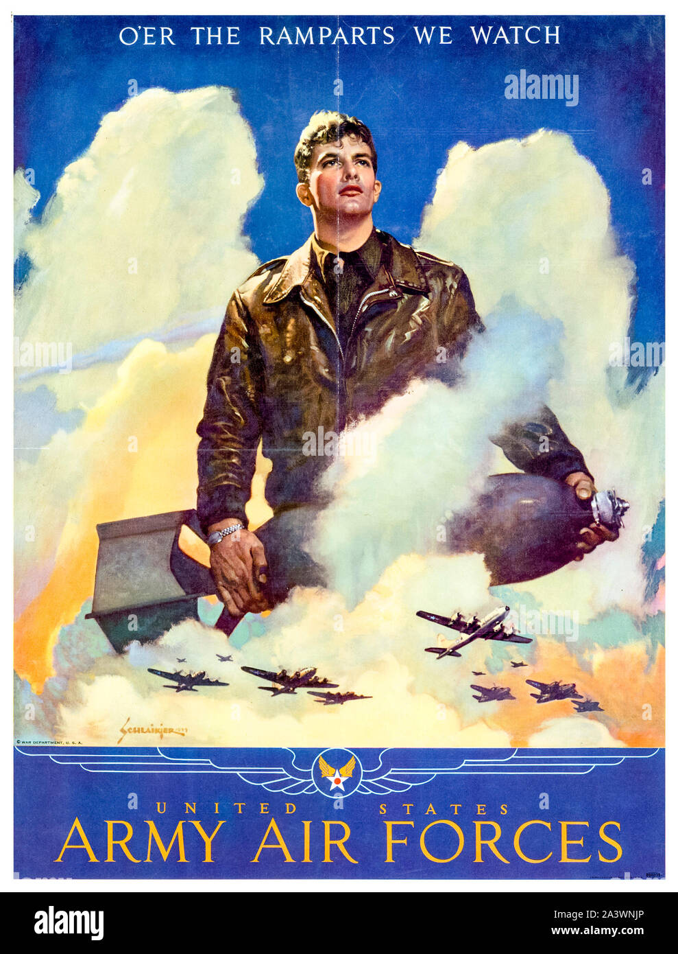 Nous, américains, WW2, poster de motivation, l'O'er les remparts nous regarder, United States Army Air Forces, aviateur (avec bombe), 1941-1945 Banque D'Images