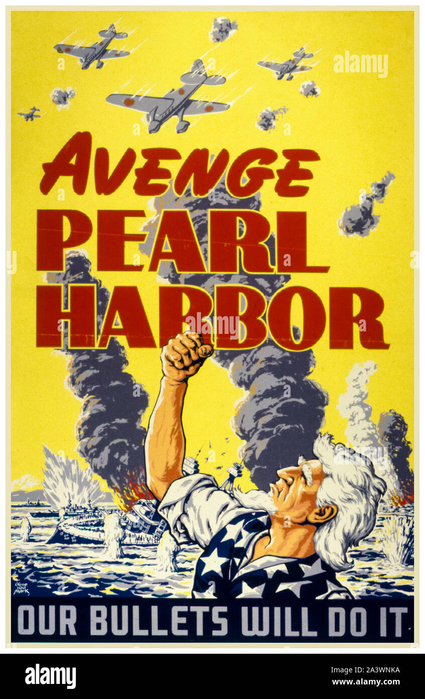 Nous, américains, WW2, poster de motivation, venger Pearl Harbor, Nos puces vont le faire, (Oncle Sam agitant poing à avions japonais), 1941-1945 Banque D'Images